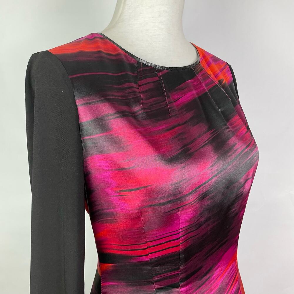 T Tahari | Skyler Pink Orange Watercolor Soft Satin 3/4 Sleeve Sheath Dress - Picture 5 of 13
